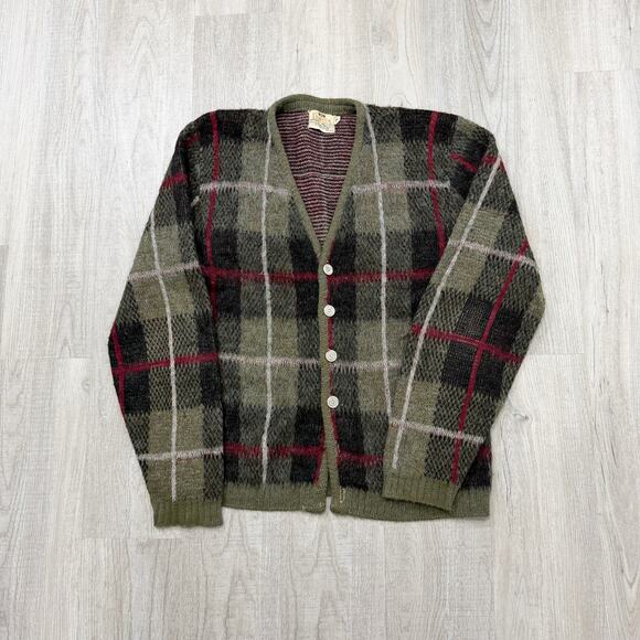 Vintage Campus Mohair Cardigan Sweater Mens Small Green Red 60s Cobain Fuzzy USA